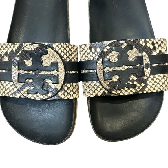 Tory Burch Leigh Anatomic slide snake print sandals sz 10 logo embossed leather - Picture 2 of 7